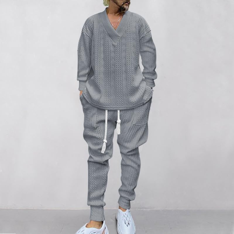 Suéter Jacquard de cuello V para hombres y pantalones largos conjuntos de dos piezas de punto de otoño e invierno