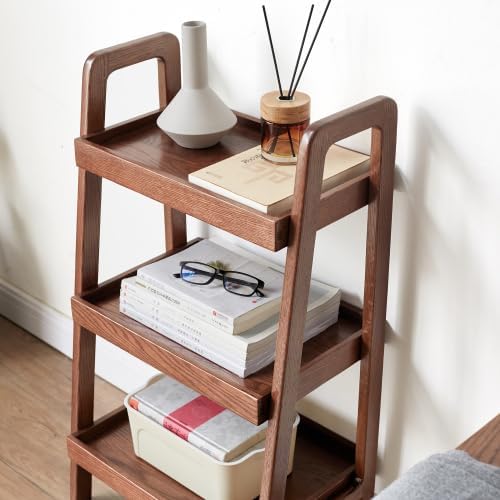 31.5" Mid-Century Modern 3-Tier Ladder Shelf, Solid Oak A-Frame Storage Rack with Walnut Finish, Freestanding Open Shelving for Entryway Living Room Bedroom Bathroom