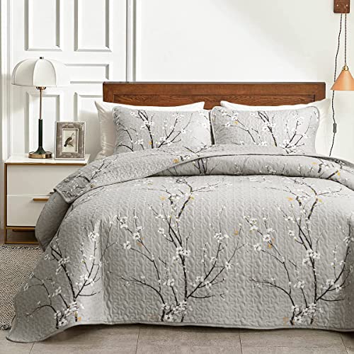 Uozzi Bedding 3 Piece Reversible Quilt Set Gray Branch Queen Full Size 88X88 Soft Microfiber Lightweight Coverlet Bedspread Summer Comforter Set Bed Cover For All Season (1 Quilt+ 2 Shams) #TOP1