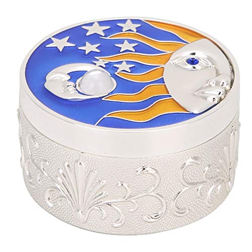 Caja de joyería redonda, organizador de caja de almacenamiento de baratija con patrón de estrella y luna vintage con tapa, regalo artesanal, adorno de decoración del hogar(Plata) Cover
