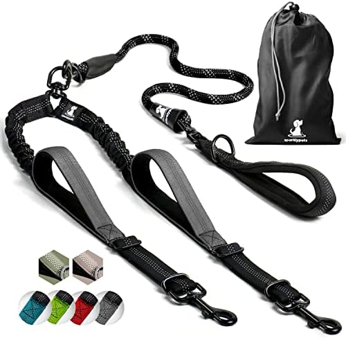 SparklyPets Double Dog Lead for 2 Dogs  Rope Bungee Dual Dog Lead for Medium and Large Dogs with Padded Handles, No Tangle & Reflective Stripes (Teal, For 2 Dogs)