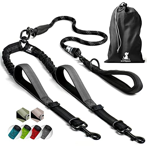 SparklyPets-Double-Dog-Leash-for-2-Dogs--Rope-Bungee-Dual-Leash-for-Medium-and-Large-Dogs-with-Padded-Handles-Tangle-Free-Black-MediumLarge