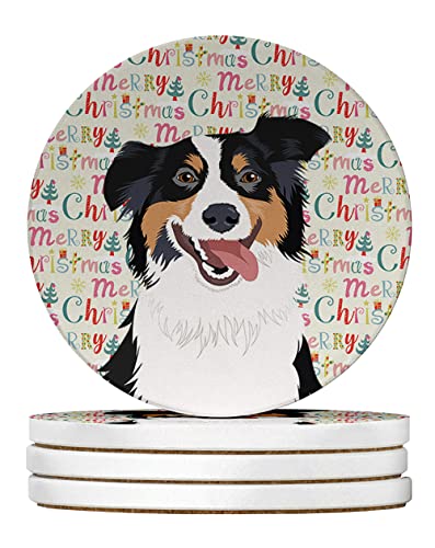 Caroline's Treasures Australian Shepherd Black Tricolor #2 Christmas Large Sandstone Coasters Pack of 4 Absorbent Round Coasters Decor Gifts for Men or Women, 4 in, Multicolor
