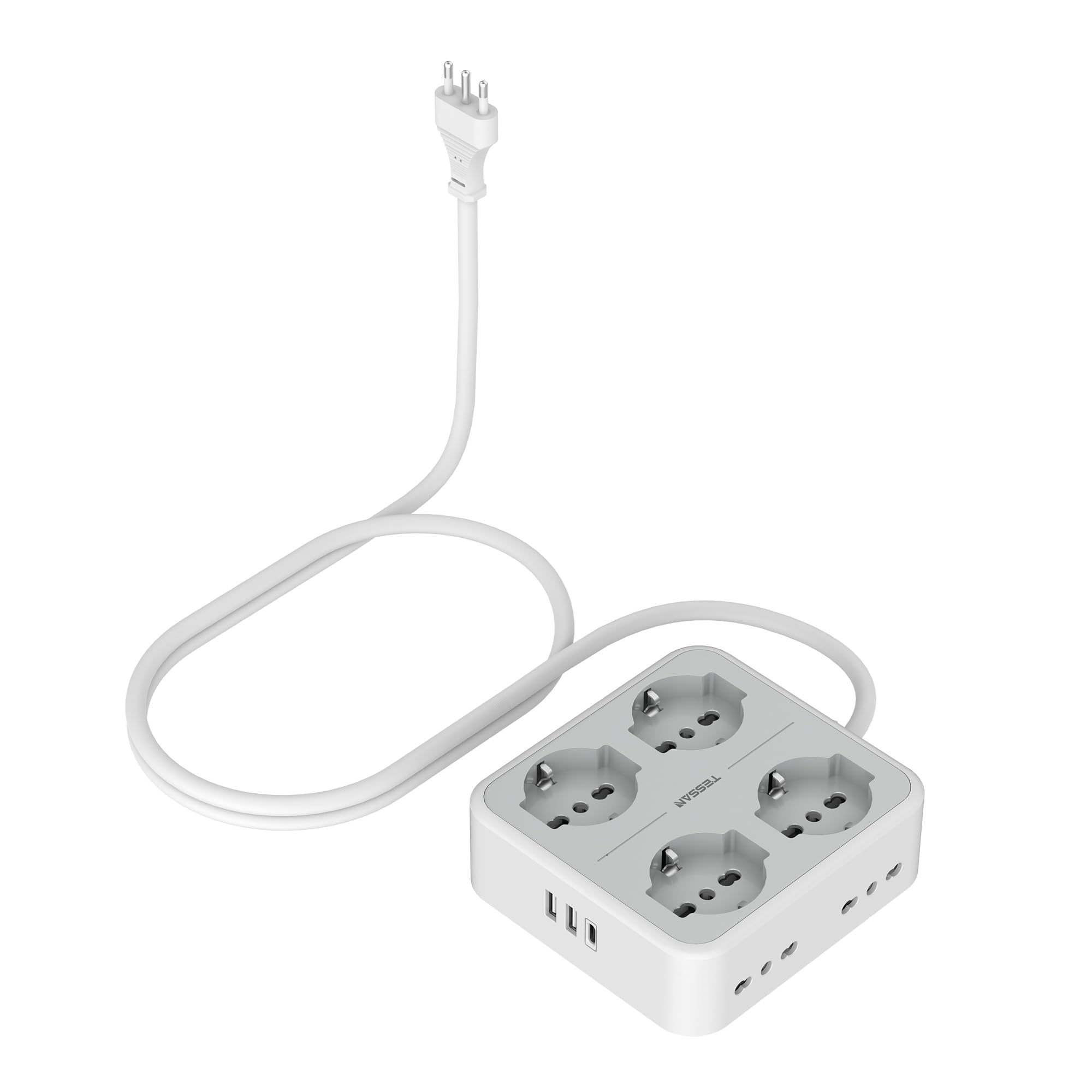 TESSAN Ciabatta Multipresa con USB C, Multipresa Elettrica con Prolunga Elettrica 2 Metri, Multipresa con 4 Schuko e 4 Bivalenti 10A/16A, Presa Multipla con Interruttore, 1 USB C e 2 USB A, 3680W