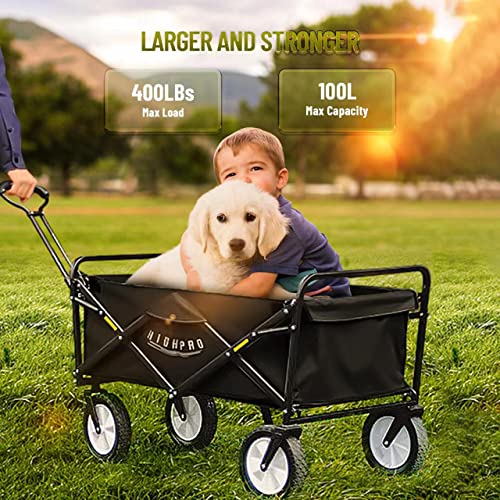 Highpro 400Lb Collapsible Wagon, Heavy Duty Utility Garden Cart, Foldable Portable 110L Large Capacity Stroller With 360° Wheels Adjustable Handle Drink Holders For Outdoor Beach Camp Grocery Laundry #TOP6