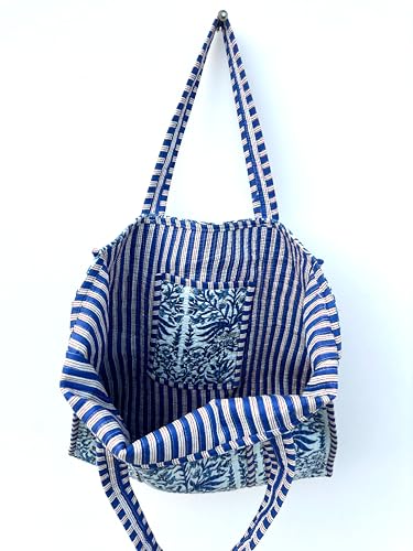 Image of Quilted Cotton Hand printed Reversible Large multicolor cotton Tote Bag,Indian Handmade Block Printed Tote Bag Women Handbag