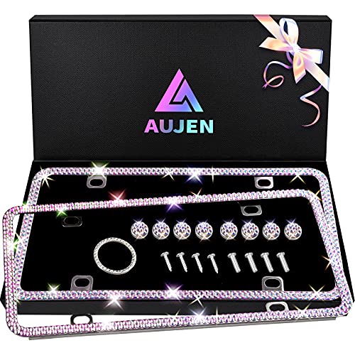 Aujen Bling License Plate Frames 2 Pack, Stainless Metal License Plate Covers, Obstruction-Free & License Plate Frame for Women, Sparkly Rhinestone License Plate Frame with Gift Box Colored