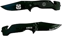 Vista 1 de Military Gift Shop Cuchillo táctico plegable de élite de la Guardia Costera, color negro, con ayuda de resorte, cuchillo de rescate negro USCG