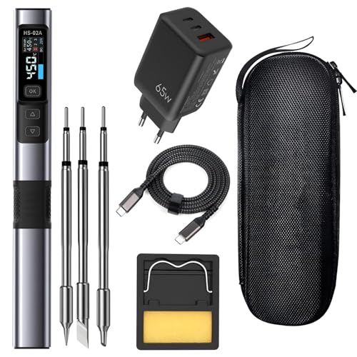 Treedix DC9-24V Mini Lötkolben Set, PD/DC 65W/100W Professioneller Lötkolben mit Digitalem Display und Drei Ersatzlötspitzen, Temperatur Einstellbar, PC/DC Dualstromversorgung, Inklusive PD Ladegerät