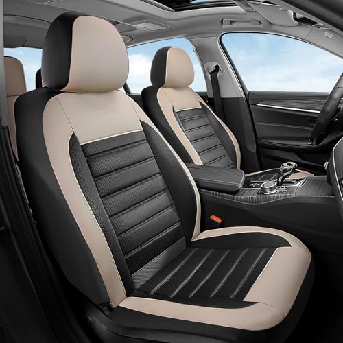 Image of Coverado 2 Pack Premium Faux Leather Front Car Seat Covers Breathable Mesh Auto Seat Protectors Airbag‑Compatible Universal Fit for Sedan SUV Truck Beige&Black