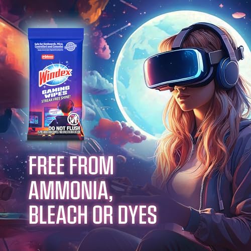 Windex Gaming Cleaning Wipes, Pre-Moistened Wipes to Instantly Clean all Gaming Gear and Electronics, Resealable Packaging for a Freshness Lock, 25 count (Pack of 1)