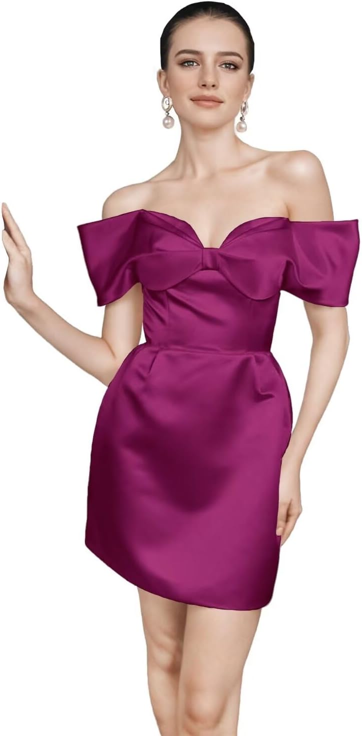 Bedlover Satin Homecoming Dresses Short for Teens Off Shoulder A-line Prom Cocktail Party Gowns with Bow