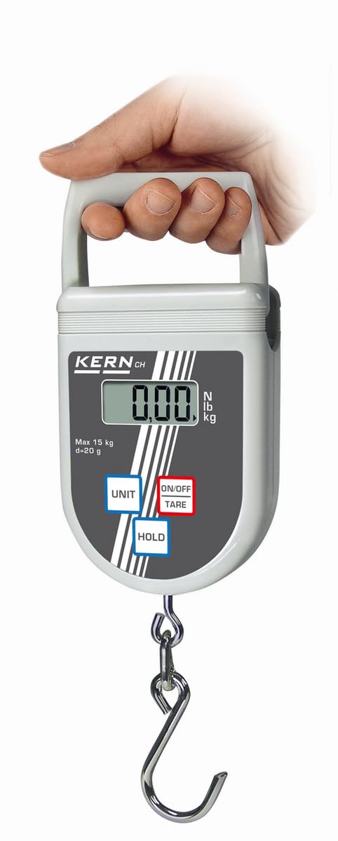 KERN Hängewaage CH 15K20 – Digitale Handwaage bis 15 kg, Ablesbarkeit 20 g, LCD-Display, Hold- & Peak-Hold-Funktion, Maßband & Edelstahlhaken, TÜV-geprüft, kompakte Kofferwaage