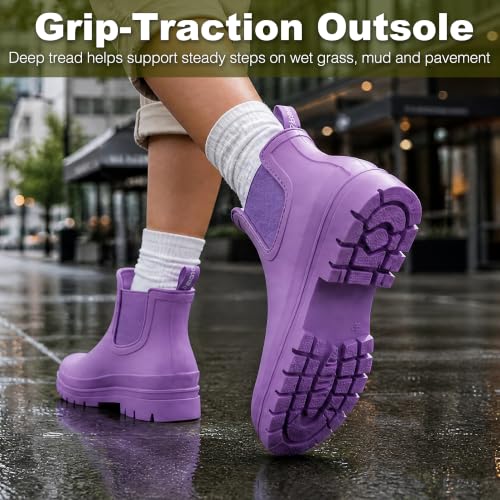 Image of planone Women's Fashion Waterproof Short Chelsea Rain Boots Durable Non Slip Ankle Rubber Boots Work Booties Lightweight Outdoor Garden Shoes with Removable Insole