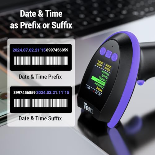 Image of Tera Barcode Scanner Wireless 2D with Stand: Pro Version Digital Setting Screen Keypad Works with Bluetooth 2.4G Wireless USB Wired Extra Fast Scanning Speed Handheld Bar Code Reader HW0009-Z Purple