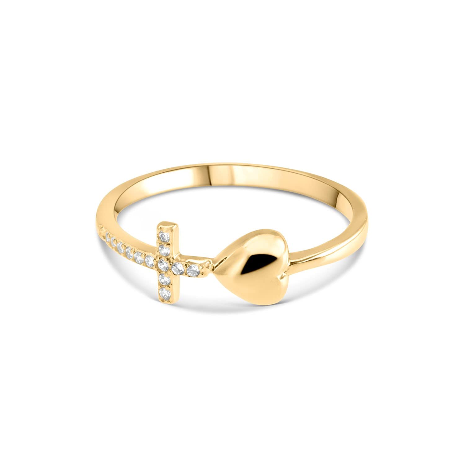 Ring Herz und Kreuz Damen 925er Silber 18 Karat vergoldet mit Zirkonia -,