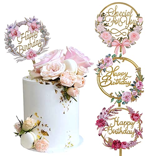 4Pcs Gold Cake Toppers Flower Cake Toppers Acrylic Cake Topper Happy Birthday Cake Topper Cake Decoration Supplies #TOP18