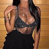 Mayelia Netz-Körperkette, schwarze Strasssteine, Fischnetz, ausgehöhlt, Tank-Top, Kristall-Körperschmuck, glitzerndes Körperzubehör für Frauen und Mädchen