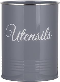 Innoteck Essentials Metal Utensil Crock Holder - Farmhouse Countertop Décor - Utensil Pot - Kitchen Utensil Storage Caddy Organizer - Non-Slip - For spoons, spatulas, forks, knives (Grey)