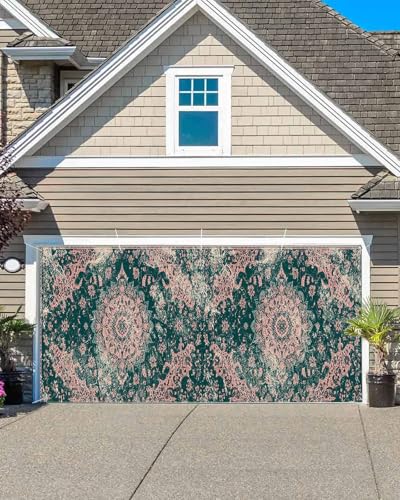 Garage Door Decorations Banner, Green Classic Medieval Retro African Pattern Girls Birthday Party Holiday Supplies, 6.9x8 FT Indoor/Outdoor Large Yard Fence Party Holiday Banner Background