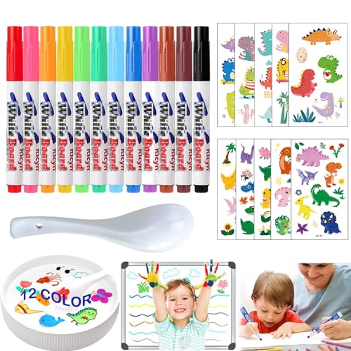 Magic Pen Dibujos en el Agua, 12Pcs Rotuladores Agua Magicos, Rotuladores de Agua con Cuchara, 2 Pegatinas para Tatuajes, Rotulador Agua Magico, para Dibujo Graffiti Escritura Pizarra Ropa