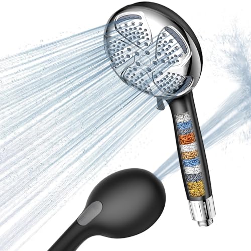 FEELSO Shower Head Filter, 7 Spray Modes Water-Saving Shower Head with 1.5m Hose, High-Pressure Showerhead with 15-Stage Filtration for Removing Residual Chlorine, Bacteria, and Heavy Metals black