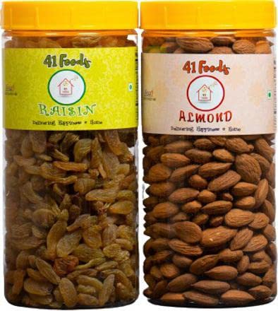 41 FOODS Premium Dry Fruits & Nuts Combo of Healthy Fresh Raw Long Green Indian Raisins Real Californian Almond Kernal (250gm x 2) 500g | Badam Kishmish | Nutritious & Delicious Mixed Dry Fruit Jar Pack Anytime Snacks Rich in Protein, Magnesium, Phos (B0B59R6JZK) Amazon Price History, Amazon Price Tracker