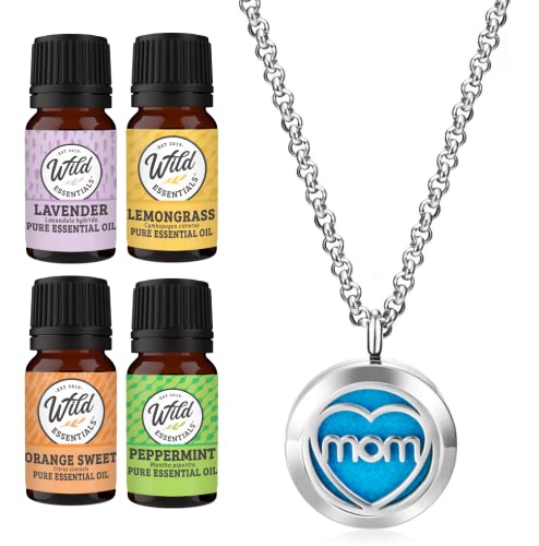 Wild Essentials MOM Aromatherapy Necklace Diffuser Includes 4 Pure Essential Oils, Lavender, Lemongrass, Orange, Peppermint - Stainless Steel Chain/Pendant, 12 Pads, Gift Set