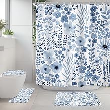 Riyidecor Navy Blue Floral 4Pcs Bathroom Shower Curtain Sets Rustic Wildflower Leaves Bathroom Decor Set with Rugs and Accessories Botanical Plant Toilet Lid Rug, Contour and Bath Mat with 12 Hooks