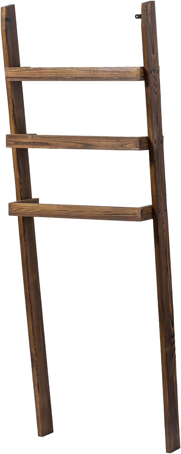 MyGift 5.5 Foot Tall Rustic Burnt Solid Wood Over The Toilet Decorative Ladder Standing Shelf, 3 Tier Bathroom Organizer Leaning Storage Shelves Rack Stand