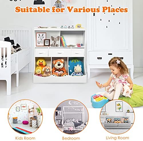 GYMAX Toy Storage Organizer, 3-Tier Wooden Children Storage Cabinet with 3 Fabric Detachable Drawers, 8 Cubes Kids Multi Cubby Shelf for Books Toys (White)