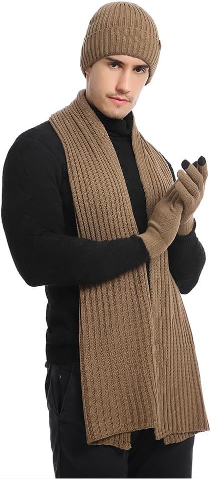 Winter Hats Scarf for Men with Touchscreen Gloves Set Warm Men's Beanie Hats Thermal Gloves and Long Scaves - Image 4