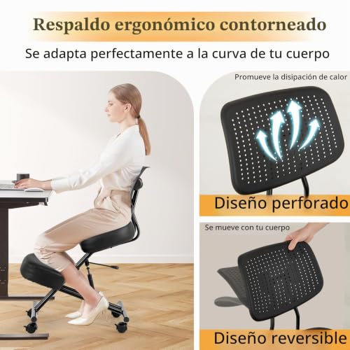 Miniatura 7 de Giantex Silla Ergonómica De Rodillas Con Respaldo, 4 Ruedas Bloqueables Y Apoyo Para Rodillas, Silla De Trabajo Con Asiento Ajustable Para Corregir La Postura, Carga Hasta 110 Kg