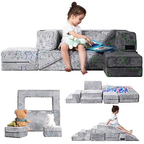 Image of LOAOL Kids Couch Toddler Couch, Glow in The Dark Kids Play Couch, Foam Climbing Playset Imaginative Furniture for Creative Children, Convertible Glow Kids Sofa Colorful Stars for Playroom Bedroom