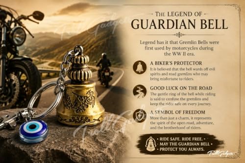Image of TrollGadgets Premium Guardian Bell Keychain for Bike & Car | Tibetan Texture Bell Keychain with Evil Eye & Silver Hook | Good Luck Charm with Laser-Engraved Box And Potley