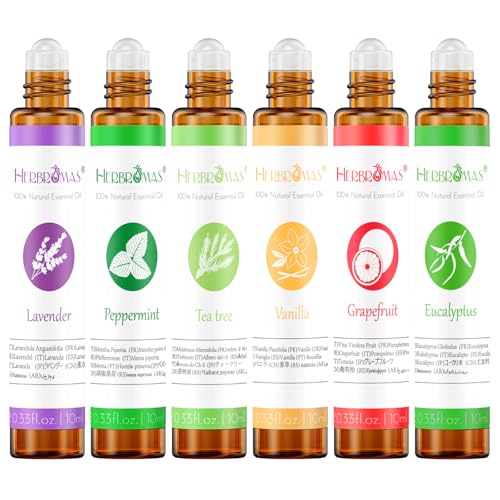 Essential Oil Roll On Set with Lavender, Peppermint, Eucalyptus & Grapefruit, Tea Tree & Vanila – Aromatherapy Relaxation Gift for Women – 6 Pack of 10ml Roll-Ons