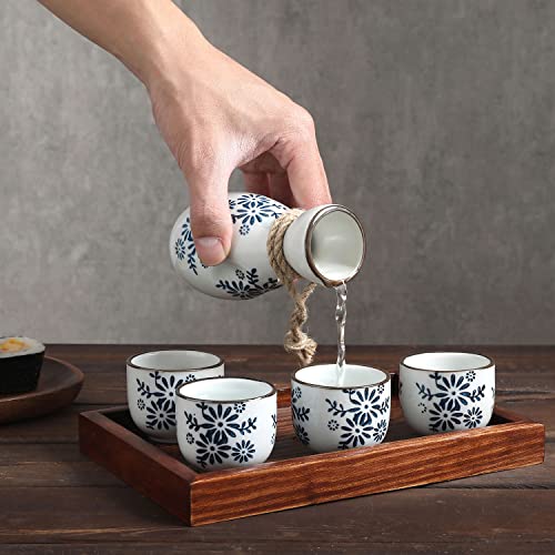 Mygift 6 Piece Blue Floral Ceramic Hot Sake Set With Tokkuri Bottle Carafe, 4 Ochoko Cups (2 Oz) And Wood Serving Tray, Japanese Style Sake Wine Server Set #TOP3