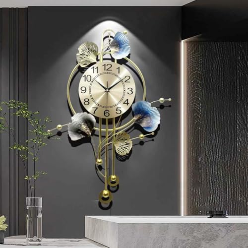 KHCCJP Large Decorative Wall Clock - Modern Silent Non-Ticking Wall Clocks - Metal Iron Ginkgo Leaf Design Fancy Style Wall Quartz Clock for Living Room Bedroom Hotel Porch (Blue, 70x52CM)