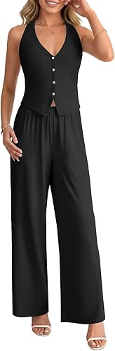 Rooscier Women's 2 Piece Outfits Ribbed Halter tank Top and Wide Leg Pants Sets 