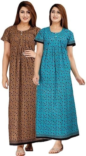 NILOUFO Women’s Cotton Printed Maxi Nighty – Pack of 2 | Soft Ankle-Length Sleepwear Gowns for Women | Free Size Night Dre...