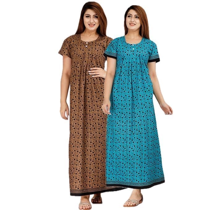 Image of NILOUFO Women's Cotton Printed Maxi Nighty - Pack of 2 | Soft Ankle-Length Sleepwear Gowns for Women | Free Size Night Dresses (Brown,Blue, Free Size)