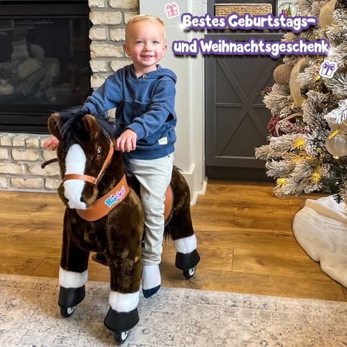 PonyCycle Pony zum Reiten für Kinder 4–7 Jahre, 90cm Hoch, Schokolade Reitpferd auf Rollen mit Bremse, Plüsch Schaukelpferd mit Rollen für Drinnen und Draußen, Klassisches Modell U - Ux421