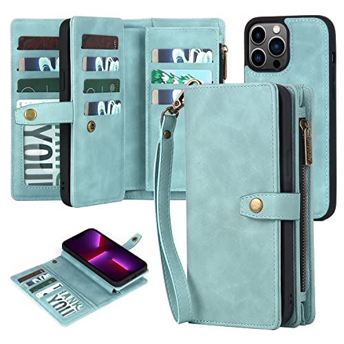 TwoHead for iPhone 13 Pro Wallet Case with Card Holder & Detachable Magnetic Phone Case, PU Leather Shockproof Protective Cover,Wrist Strap(Dream Blue)