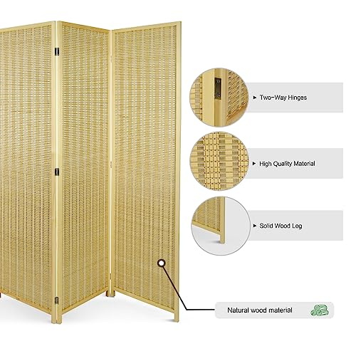 ECOMEX Room Divider 4 Panel Woven Bamboo Screen, Room Divider and Folding Privacy Screens, Freestanding Hand-Woven Room Partitions for Bedroom, Bamboo