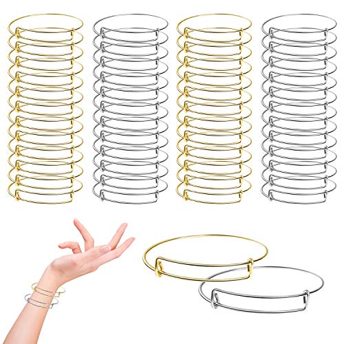 Hushtong 60Pcs Expandable Bangle Bracelets DIY Jewelry Making Blank Bracelets Women Adjustable Wire Bracelets, Silver & Gold