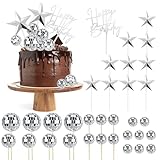 SKTMH 33Pcs Disco Ball Cake Toppers with Silver Mirror Balls Happy Birthday Cake Topper Star Cake Toppers, 1970s Disco Ball Cake Picks for Birthday Music Dance Themed Party Cake Decorations