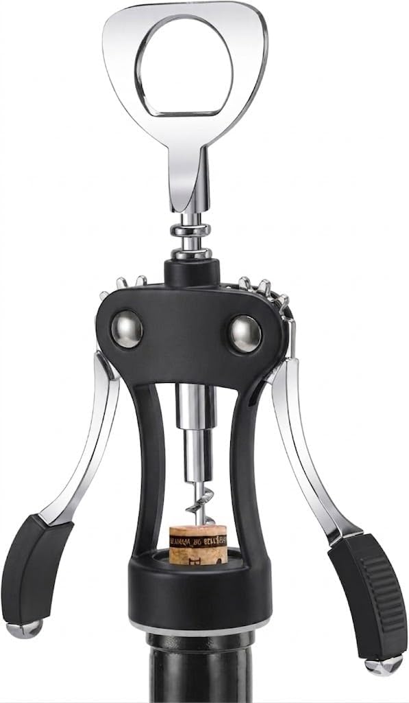 KORCCI Wine Opener, Heavy-Duty Zinc Alloy Wing Corkscrew, Premium Beer Bottle Opener, Multifunctional Wine Accessories with Ergonomic Handle and Sharp Screw, for Kitchen, Bar, Restaurant (BLACK)