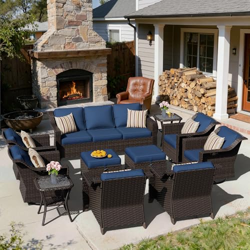 Image of 11 Piece Patio Furniture Set, Wicker Outdoor Conversation Set | Patio Chair Set with Olefin Removable Cushion, All-Weather Outdoor Couch with Deep Seat for Porch, Deck and Backyard, Blue