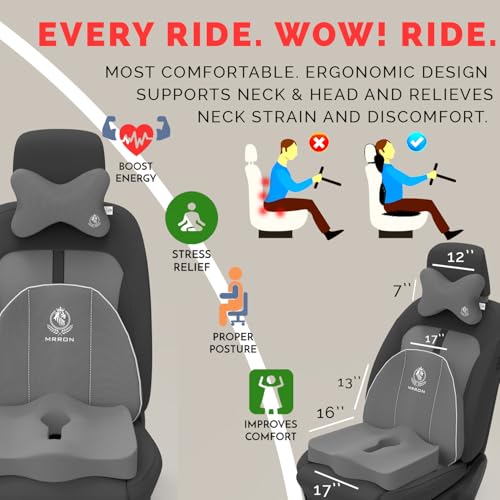 Image of MRRON Memory Foam Car Seat Cushion Combo - Backrest, Coccyx Cushion & Neckrest - Orthopedic Support for Back, Sciatica & Neck Pain - Ergonomic Comfort for Car, Office. (Grey, Spine Support)