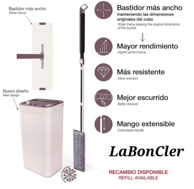 Laboncler MOPA Fregaplano Autolimp Plus, Sistema de Limpieza Autolimpiable con Cubo de 9 litros, Mango Extensible, Incluye 2 Paños de Microfibra